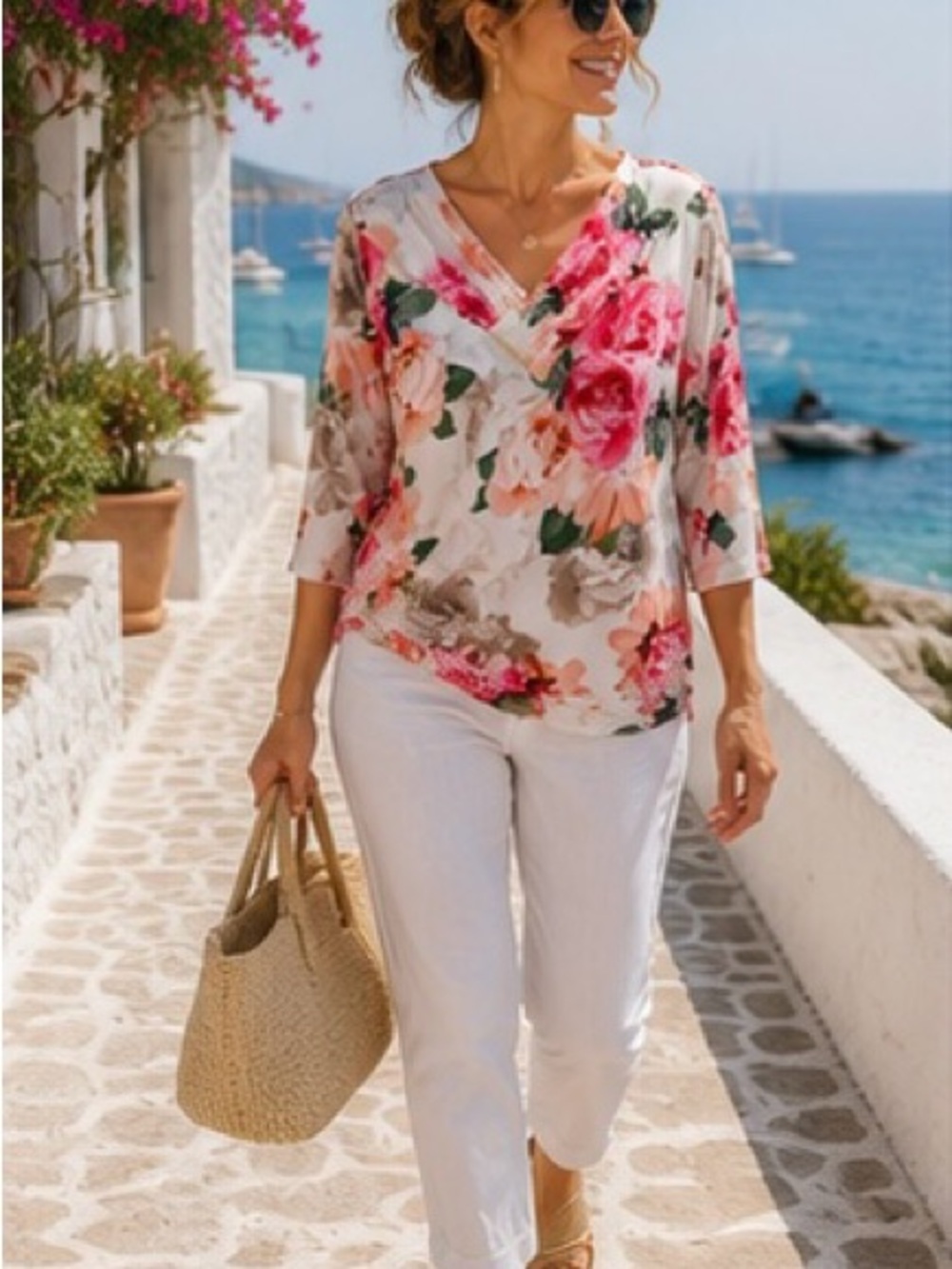 Calvin Klein Floral Pink Cream Faux Wrap 3/4 Sleeve Blouse Size M